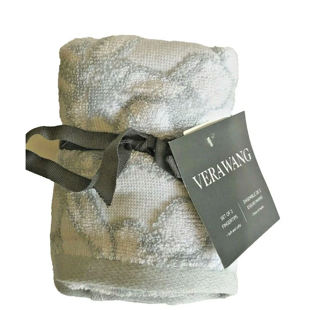 Vera Wang Fingertip Towels Sculptured Bath 12x18 Gray White Set of 2